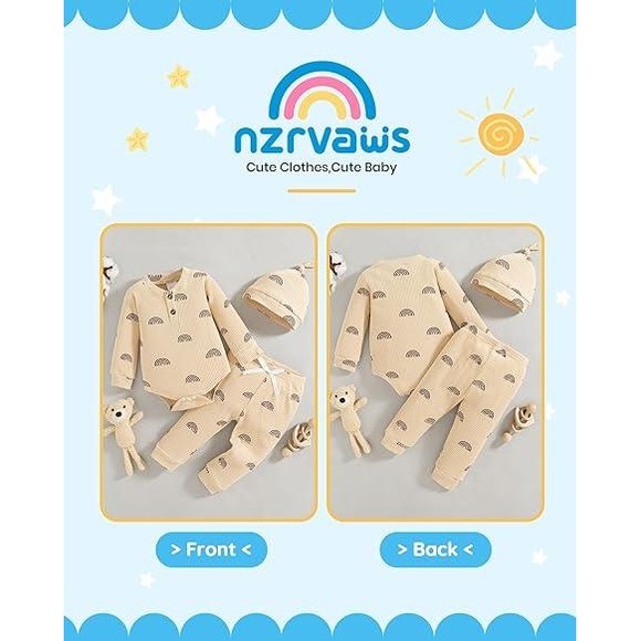 Baby Girl Boy Rainbow Long Sleeve Bodysuit Pants Hat Set Cream Ribbed Knit - Picture 3 of 5